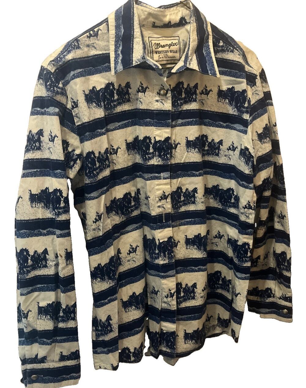 Wrangler Western Wear for Women Rodeo Shirt Blue Horses Size Large Cowgirl